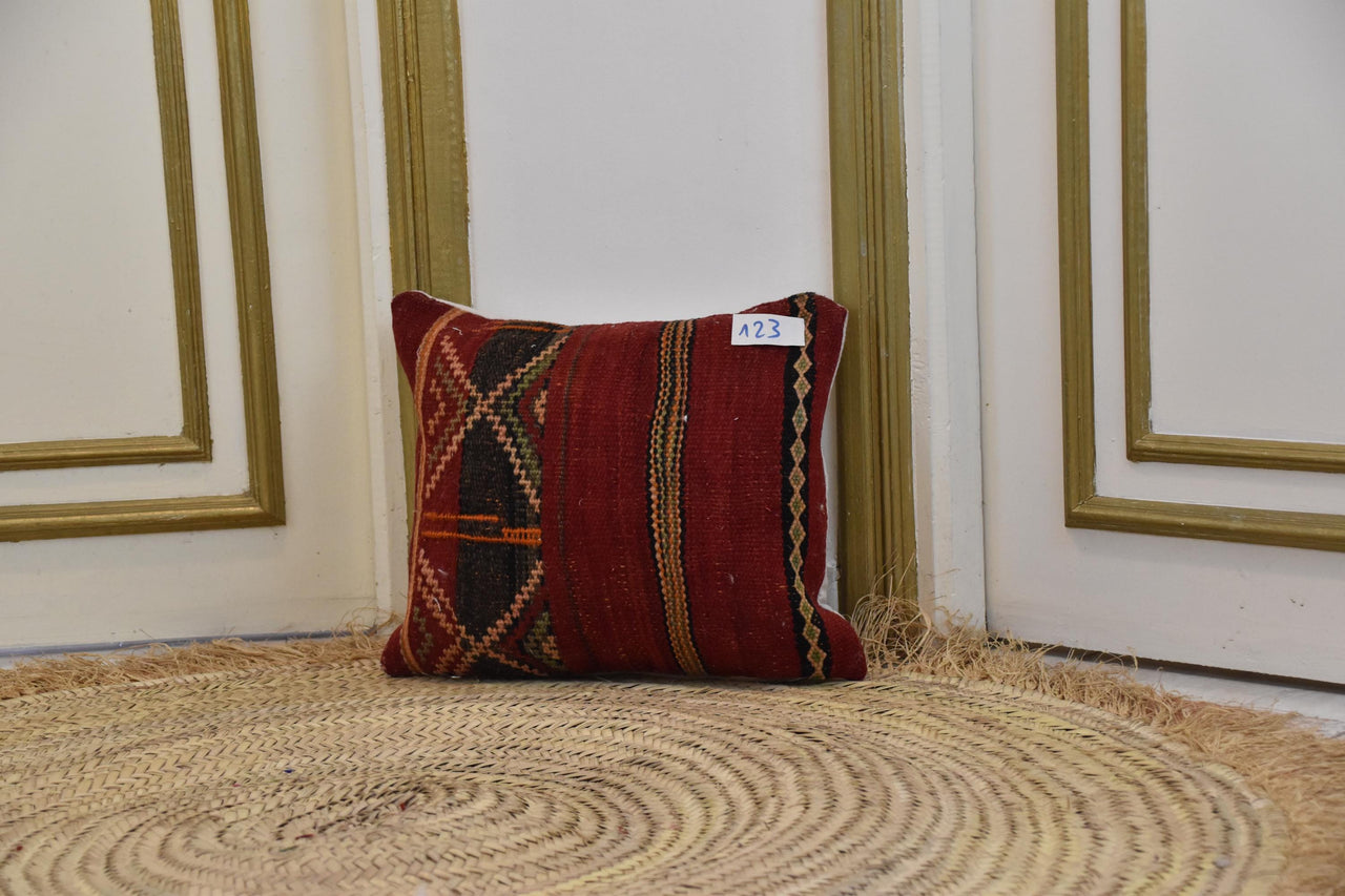 Two Hand-Woven Wool Kilim Pillow Cover, Crimson Berber Tribal Cushion, Boho Home Accent Vintage