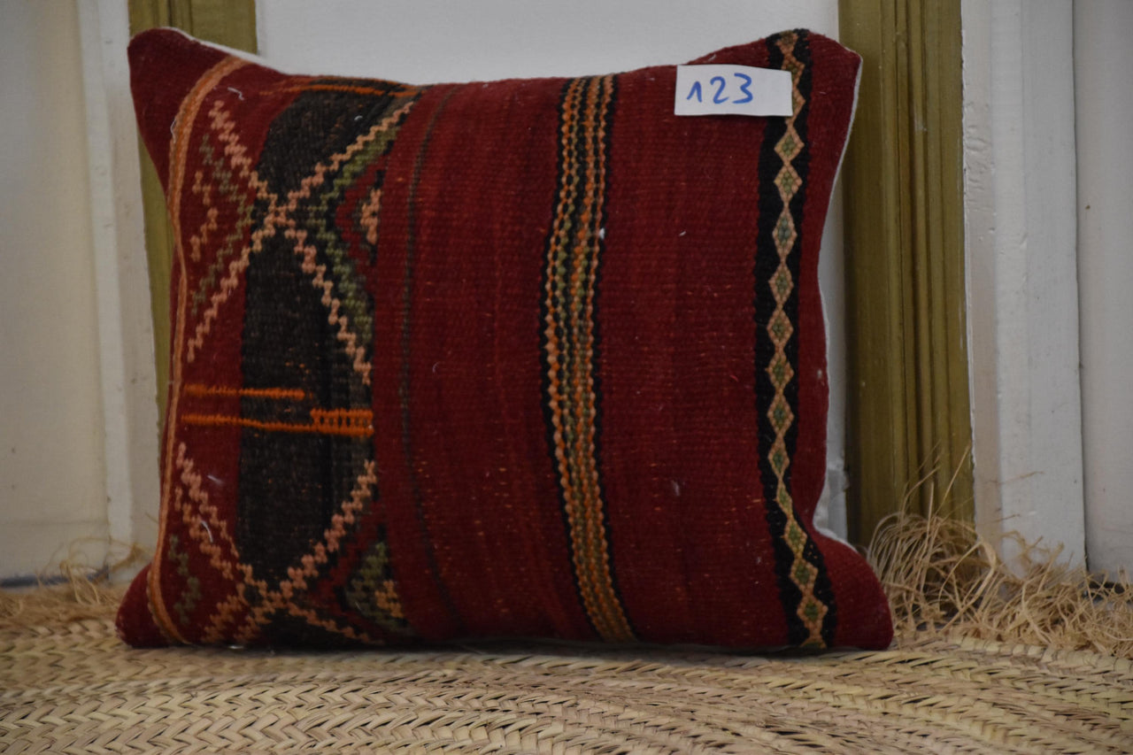 Two Hand-Woven Wool Kilim Pillow Cover, Crimson Berber Tribal Cushion, Boho Home Accent Vintage