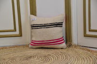 Two Hand-Woven Wool Pillow, Cream Black Hot Pink Stripes, Boho Berber Textile Cushion