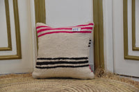 Two Hand-Woven Wool Pillow, Cream Black Hot Pink Stripes, Boho Berber Textile Cushion