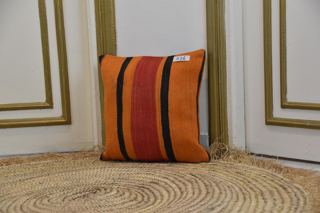 Two Hand-Woven Wool Kilim Pillow Cover, Burnt Orange Berber Stripes, Boho Home Decor Vintage