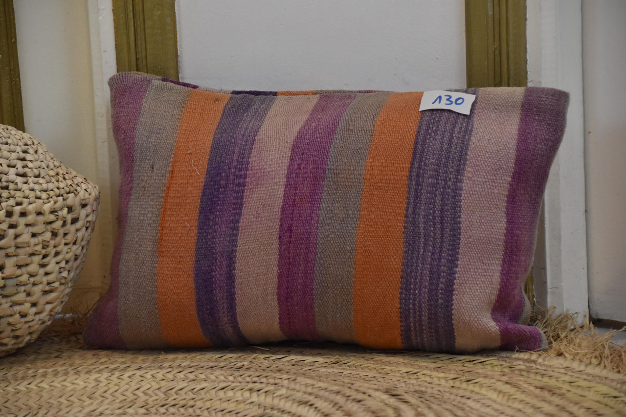 Two Vintage Hand-Woven Wool Kilim Pillow, Striped Moroccan Cushion, Sunset Violet Tones Vintage