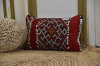 Two Hand-Woven Wool Lumbar Pillow, Red Tribal Geometric Sequins Decor Vintage