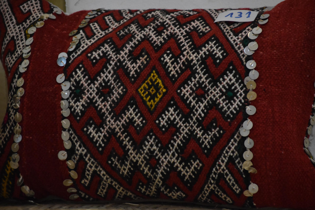 Two Hand-Woven Wool Lumbar Pillow, Red Tribal Geometric Sequins Decor Vintage