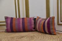 Two Vintage Moroccan Kilim Pillows, Hand-Woven Wool Striped Berber Cushions Vintage