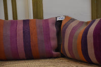 Two Vintage Moroccan Kilim Pillows, Hand-Woven Wool Striped Berber Cushions Vintage