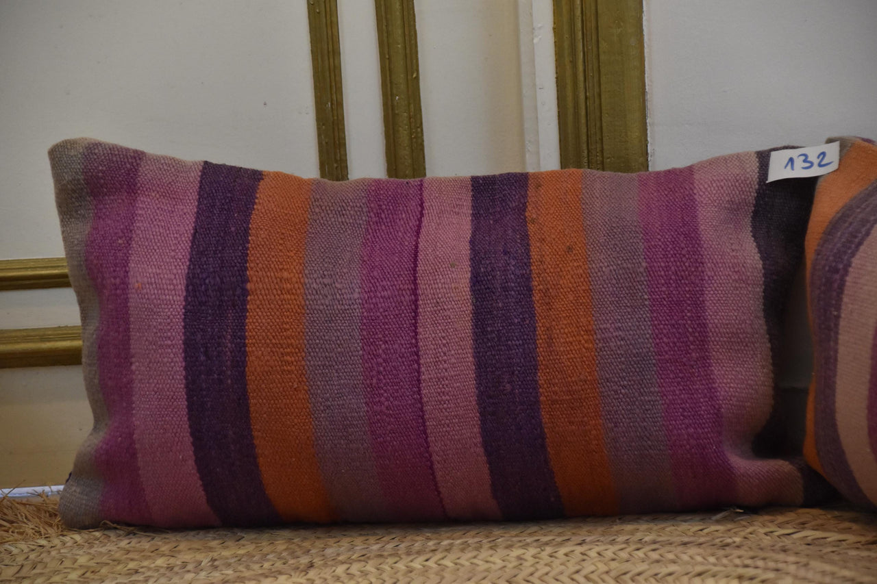 Two Vintage Moroccan Kilim Pillows, Hand-Woven Wool Striped Berber Cushions Vintage