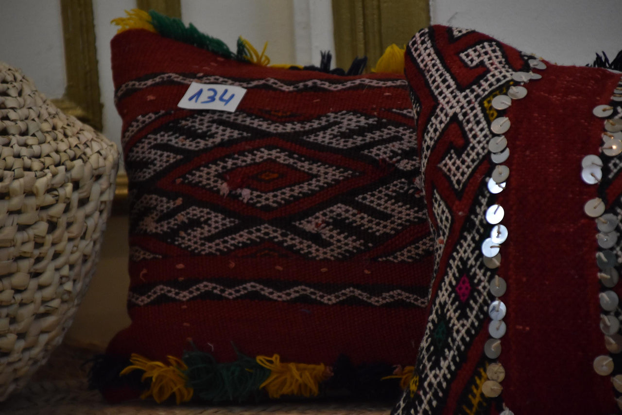 Two Vintage Moroccan Kilim Pillows, Hand-Woven Wool Tribal Cushions, Sequins & Tassels Vintage