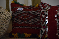 Two Vintage Moroccan Kilim Pillows, Hand-Woven Wool Tribal Cushions, Sequins & Tassels Vintage