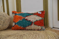 Two Hand-Woven Wool Shag Pillow, Vibrant Abstract Moroccan Berber Cushion Vintage
