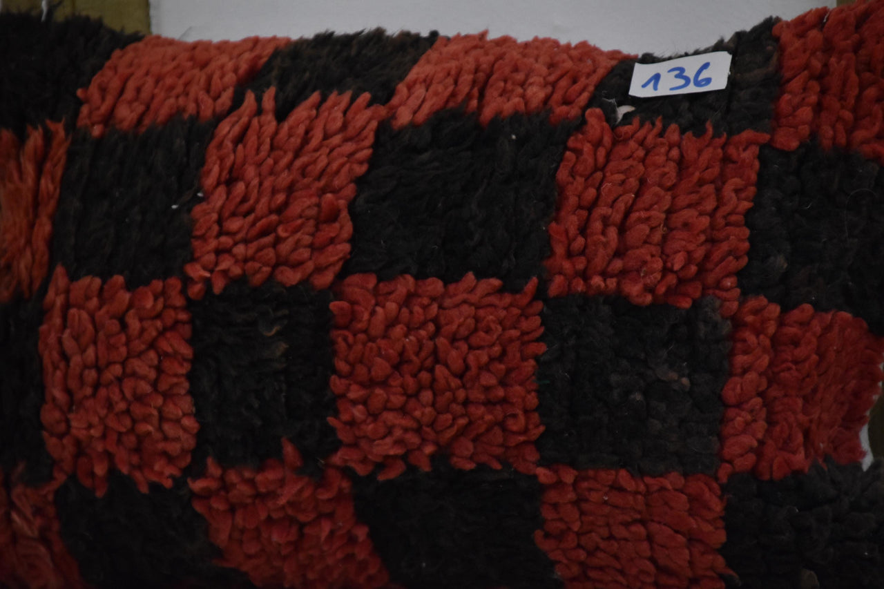 Two Vintage Moroccan Berber Checkered Pillow, Hand-Knotted Wool Lumbar Cushion, Red Black Tribal Decor