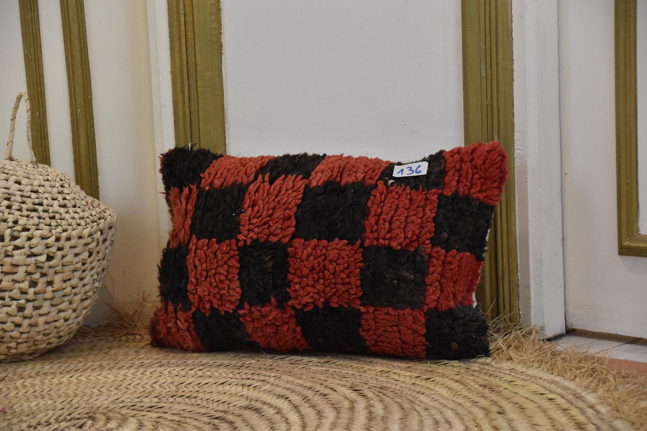 Two Vintage Moroccan Berber Checkered Pillow, Hand-Knotted Wool Lumbar Cushion, Red Black Tribal Decor