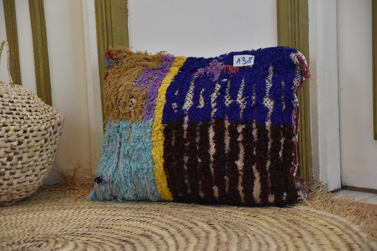 Two Vintage Moroccan Boucherouite Pillow, Colorful Shag Cushion, Hand-Woven Rag Rug Accent Vintage