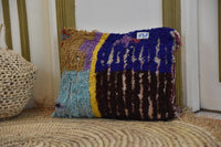 Two Vintage Moroccan Boucherouite Pillow, Colorful Shag Cushion, Hand-Woven Rag Rug Accent Vintage