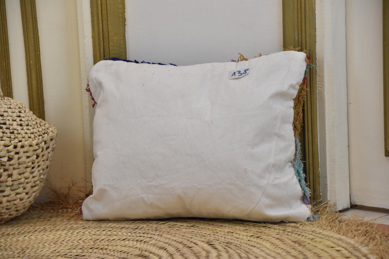 Two Vintage Moroccan Boucherouite Pillow, Colorful Shag Cushion, Hand-Woven Rag Rug Accent Vintage