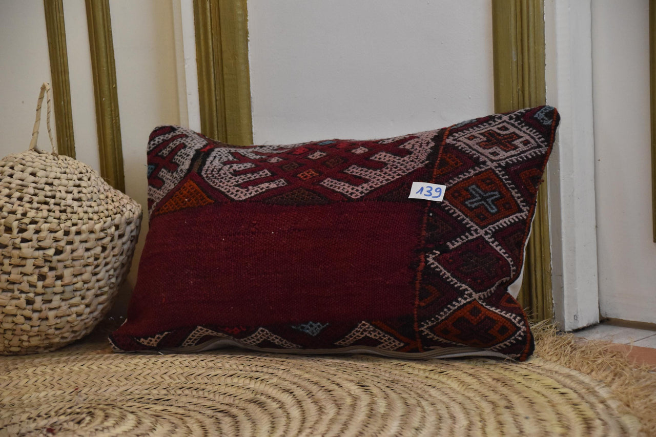 Two Vintage Moroccan Kilim Pillow, Hand-Woven Wool Cushion, Burgundy Geometric Boho Decor Vintage