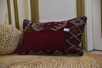 Two Vintage Moroccan Kilim Pillow, Hand-Woven Wool Cushion, Burgundy Geometric Boho Decor Vintage