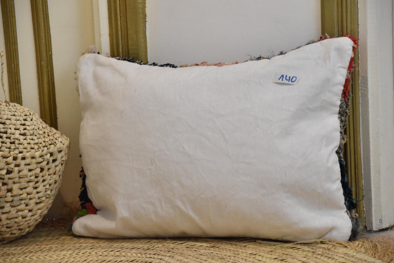 Two Vintage Moroccan Boucherouite Pillow, Pastel Indigo Shag Cushion, Patchwork Rag Rug Decor Vintage