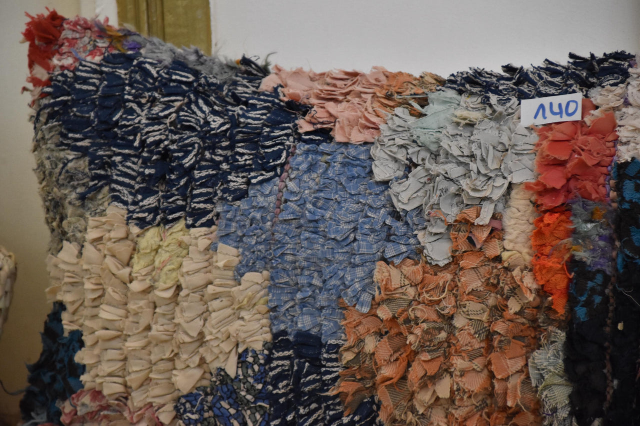Two Vintage Moroccan Boucherouite Pillow, Pastel Indigo Shag Cushion, Patchwork Rag Rug Decor Vintage