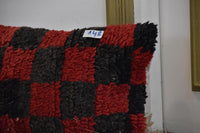 Two Vintage Moroccan Checkerboard Pillow, Red Black Shag Wool Cushion, Hand-Woven Berber Decor Vintage