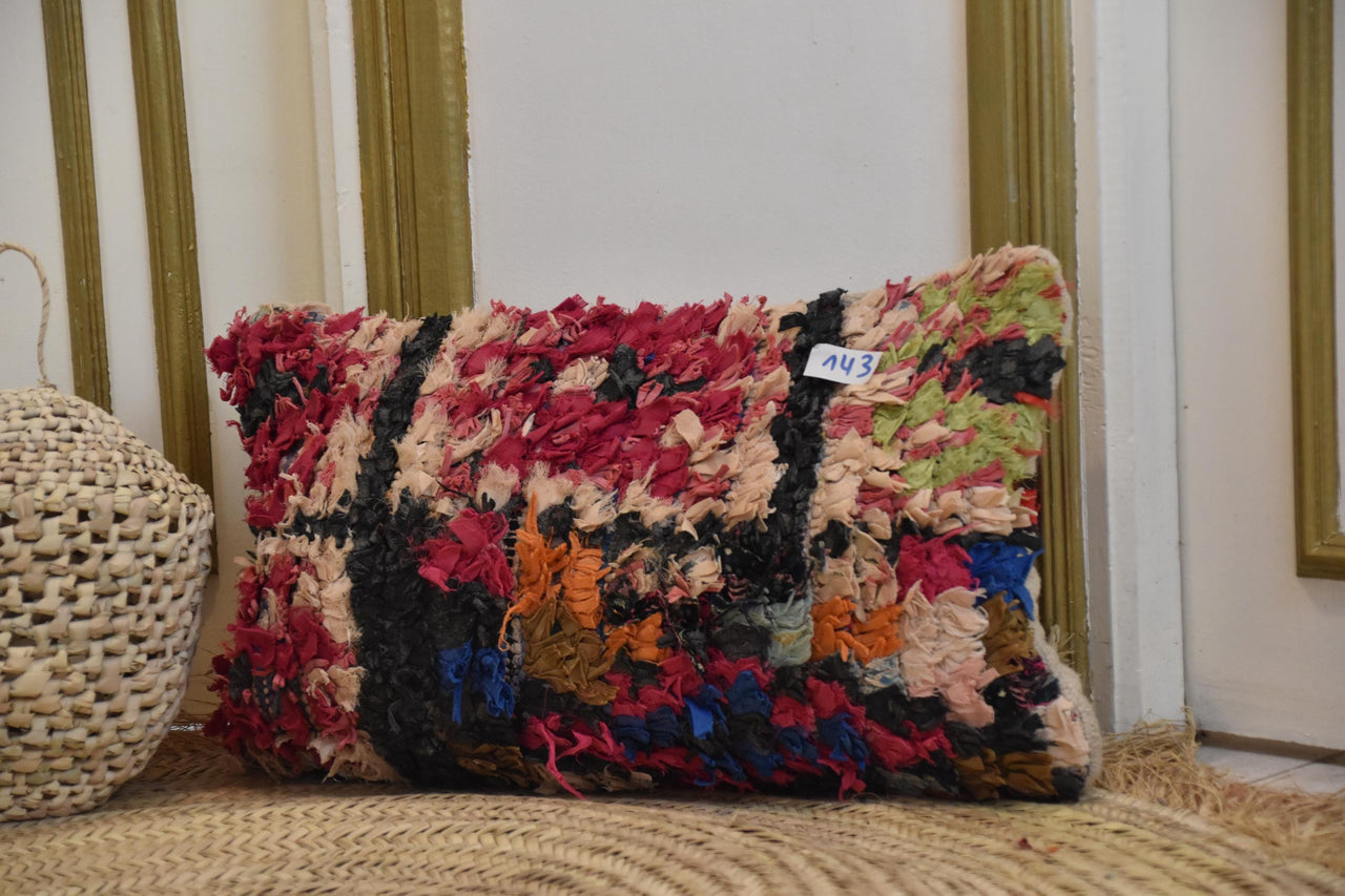 Two Vintage Moroccan Boucherouite Pillow Cover, Multi-Color Abstract Shag Lumbar Cushion Vintage