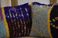 Two Vintage Moroccan Boucherouite Pillows, Indigo Mint Shag Tribal Covers Vintage