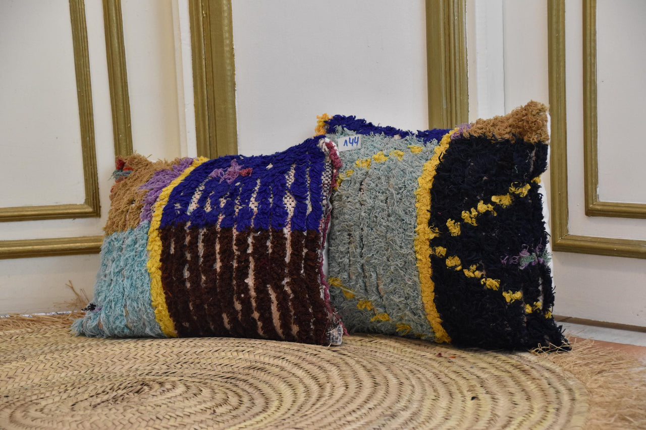 Two Vintage Moroccan Boucherouite Pillows, Indigo Mint Shag Tribal Covers Vintage