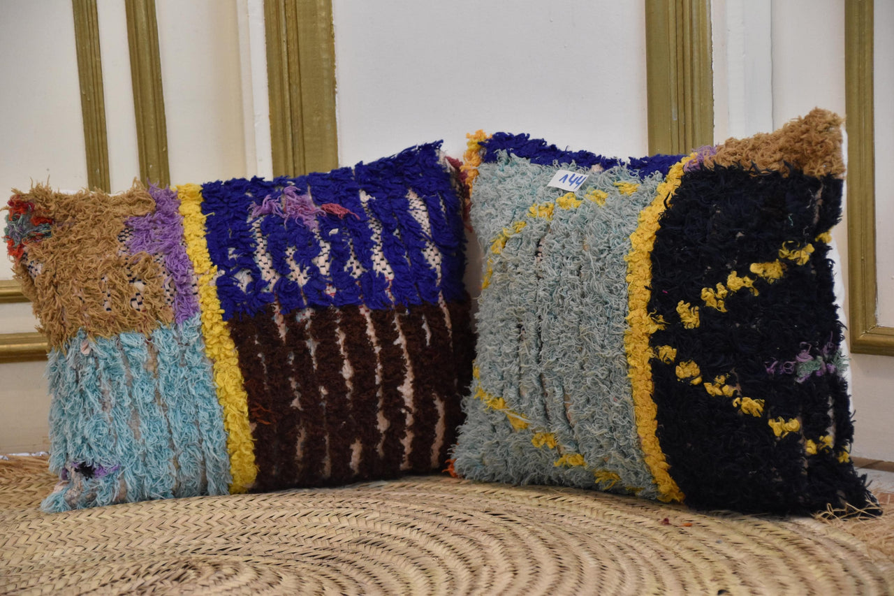 Two Vintage Moroccan Boucherouite Pillows, Indigo Mint Shag Tribal Covers Vintage