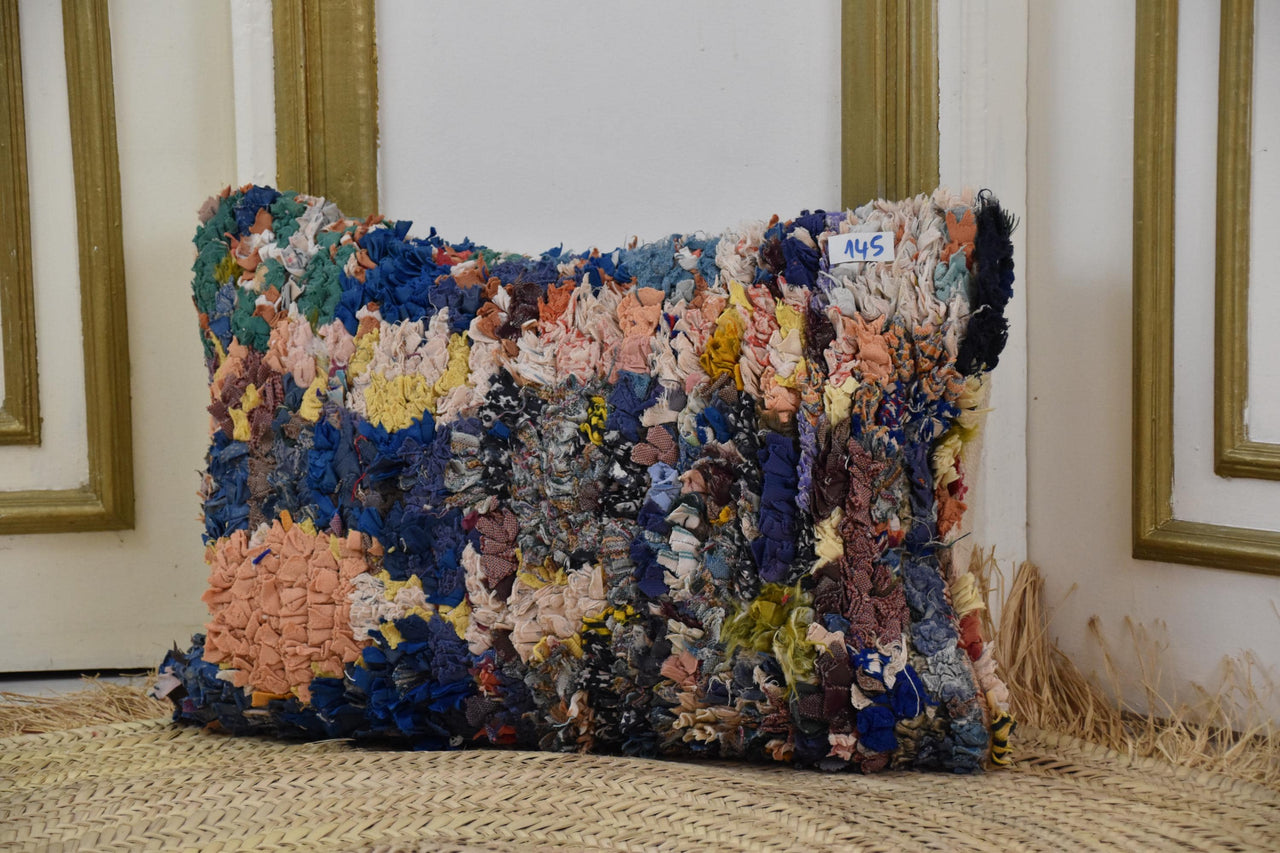 Two Vintage Moroccan Boucherouite Pillow Cover, Multi-Color Abstract Rag Rug Cushion