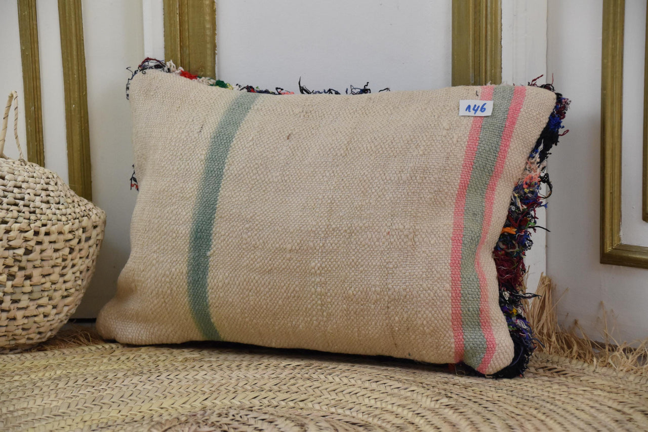 Two Vintage Moroccan Boucherouite Pillow Cover, Shag Rag Cushion, Multi-Color Abstract Berber Lumbar Vintage
