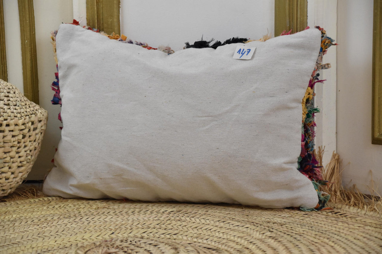 Two Vintage Moroccan Boucherouite Pillow, Color Block Shag Lumbar Cover, Hand-Knotted Berber Cushion Vintage