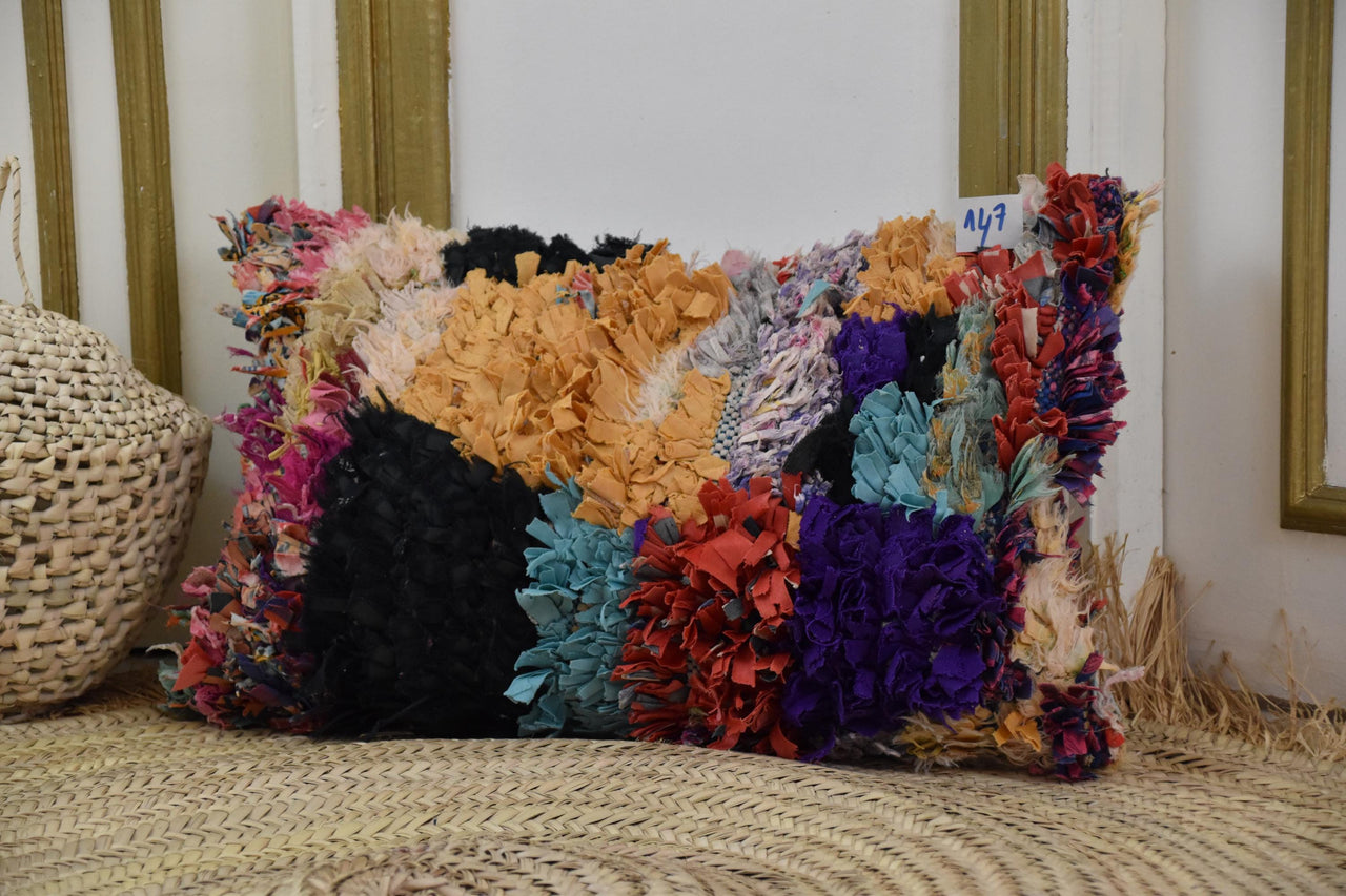 Two Vintage Moroccan Boucherouite Pillow, Color Block Shag Lumbar Cover, Hand-Knotted Berber Cushion Vintage