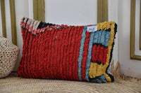 Two Vintage Moroccan Boucherouite Pillow Cover, Crimson Red Shag Lumbar Cushion Vintage