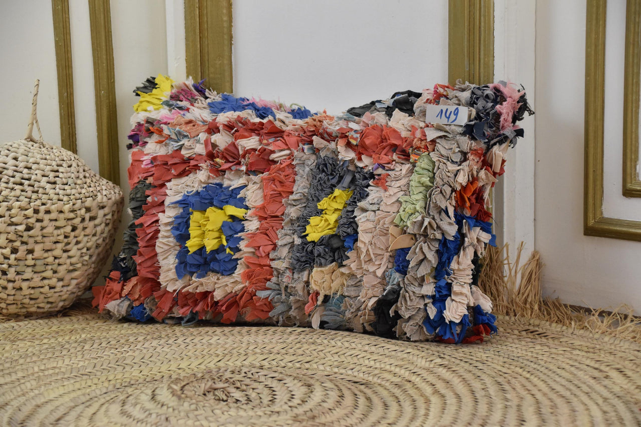Two Vintage Moroccan Boucherouite Pillow, Coral Blue Shag Cushion, Hand-Knotted Berber Lumbar Cover Vintage