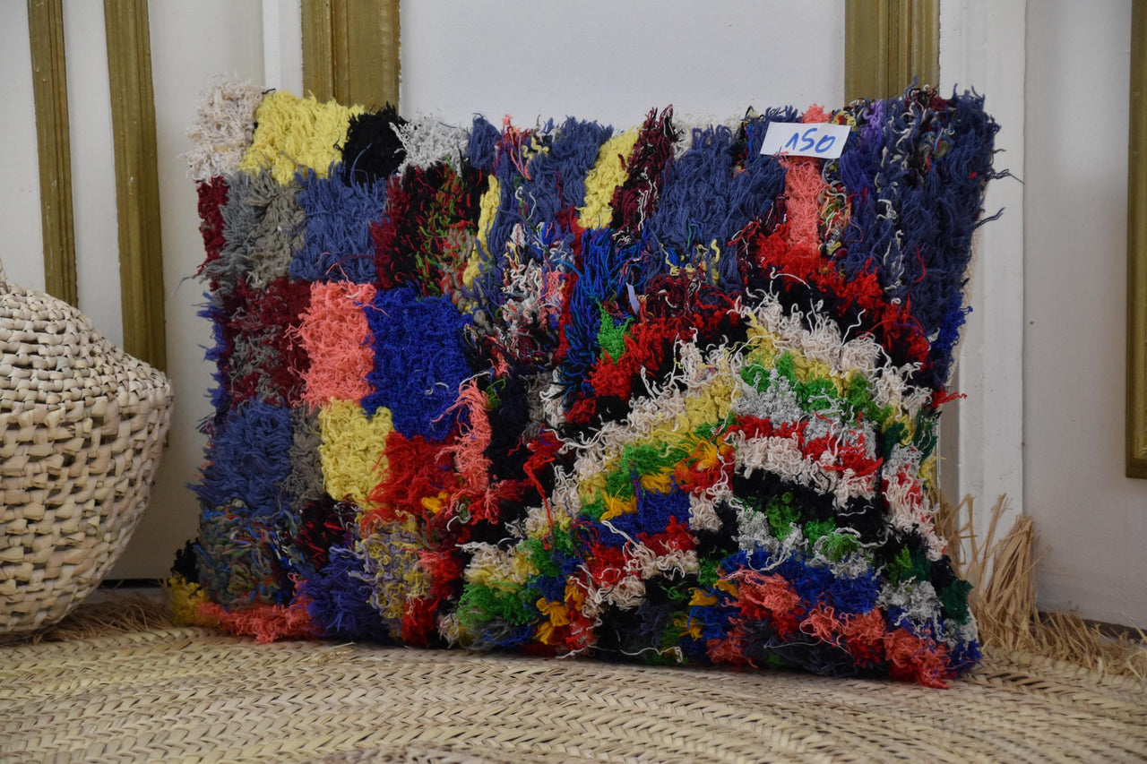 Two Vintage Moroccan Boucherouite Pillow Cover, Hand-Knotted Shag Cushion, Abstract Berber Folk Art Vintage