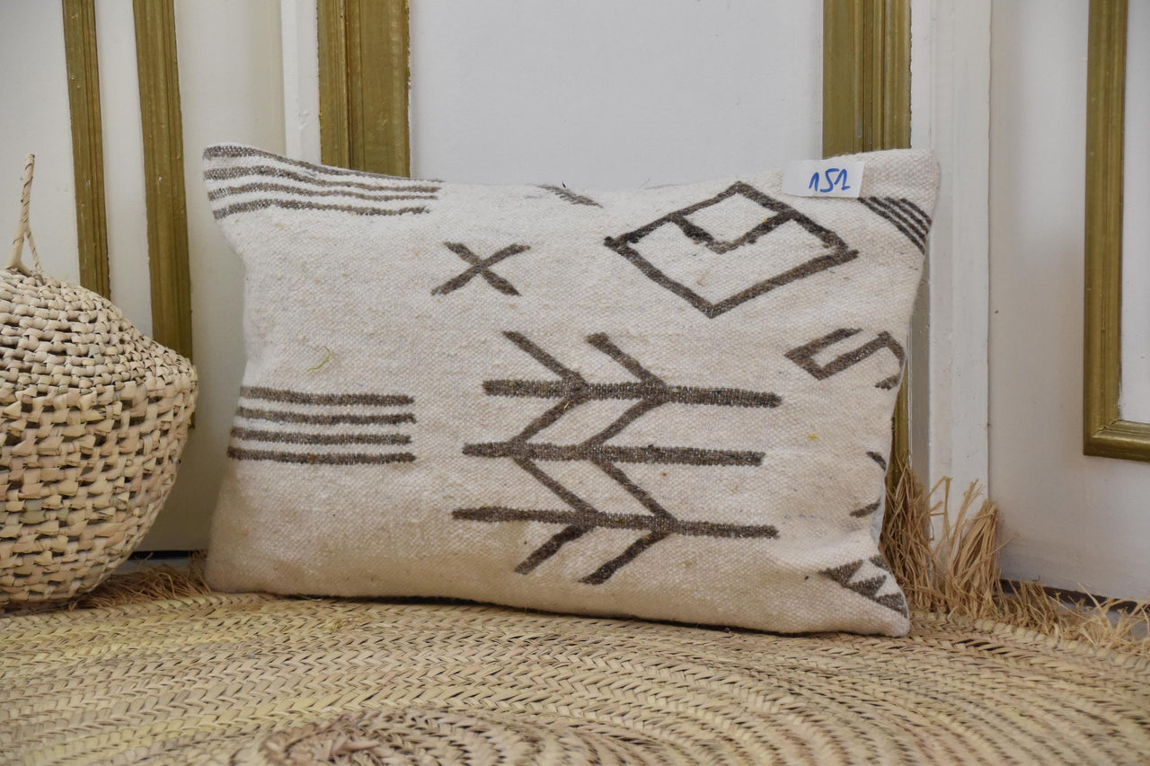 Two Handwoven Moroccan Sabra Wool Lumbar Pillow Cover, Ivory Tribal Berber Design Vintage