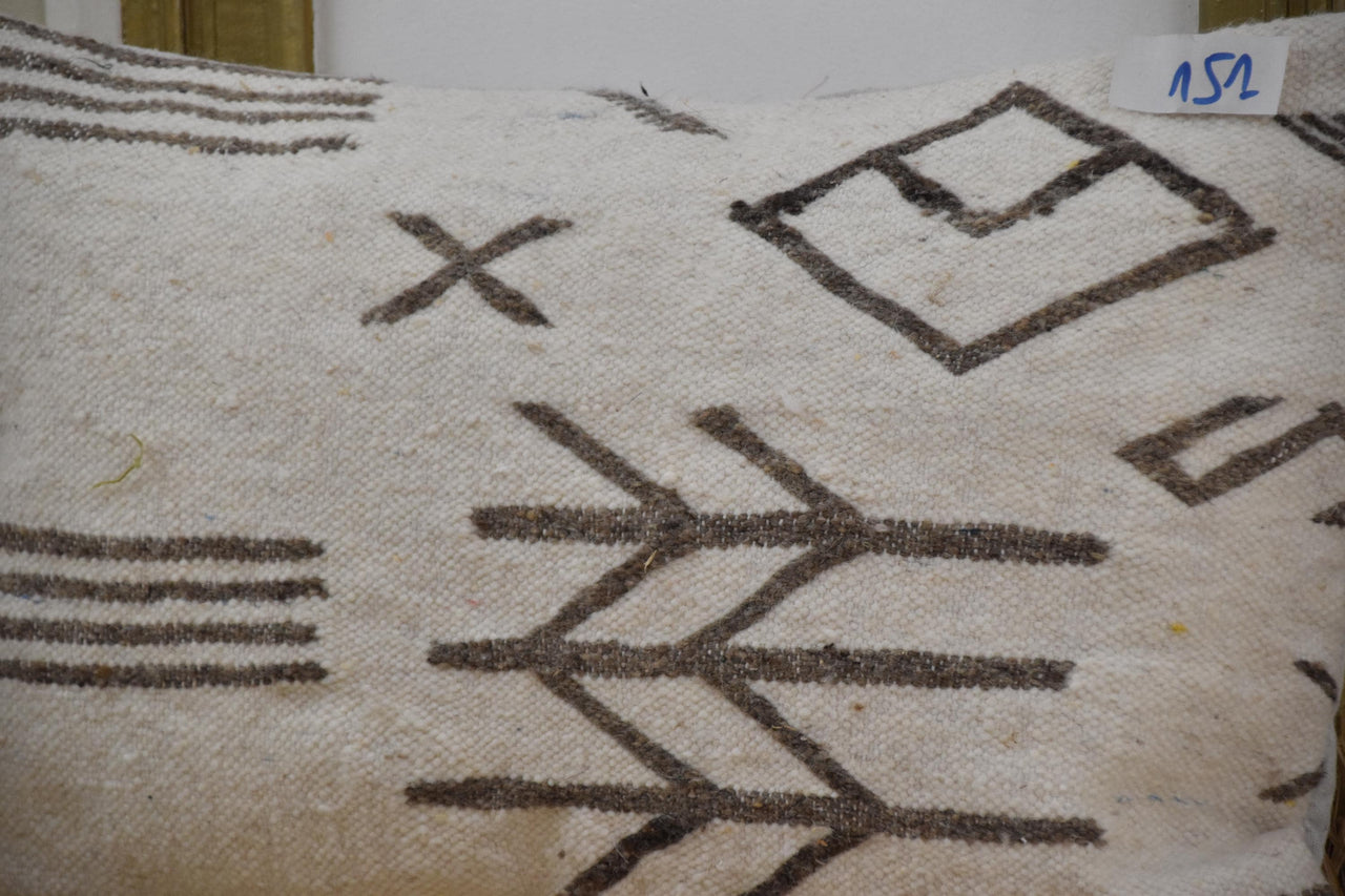 Two Handwoven Moroccan Sabra Wool Lumbar Pillow Cover, Ivory Tribal Berber Design Vintage