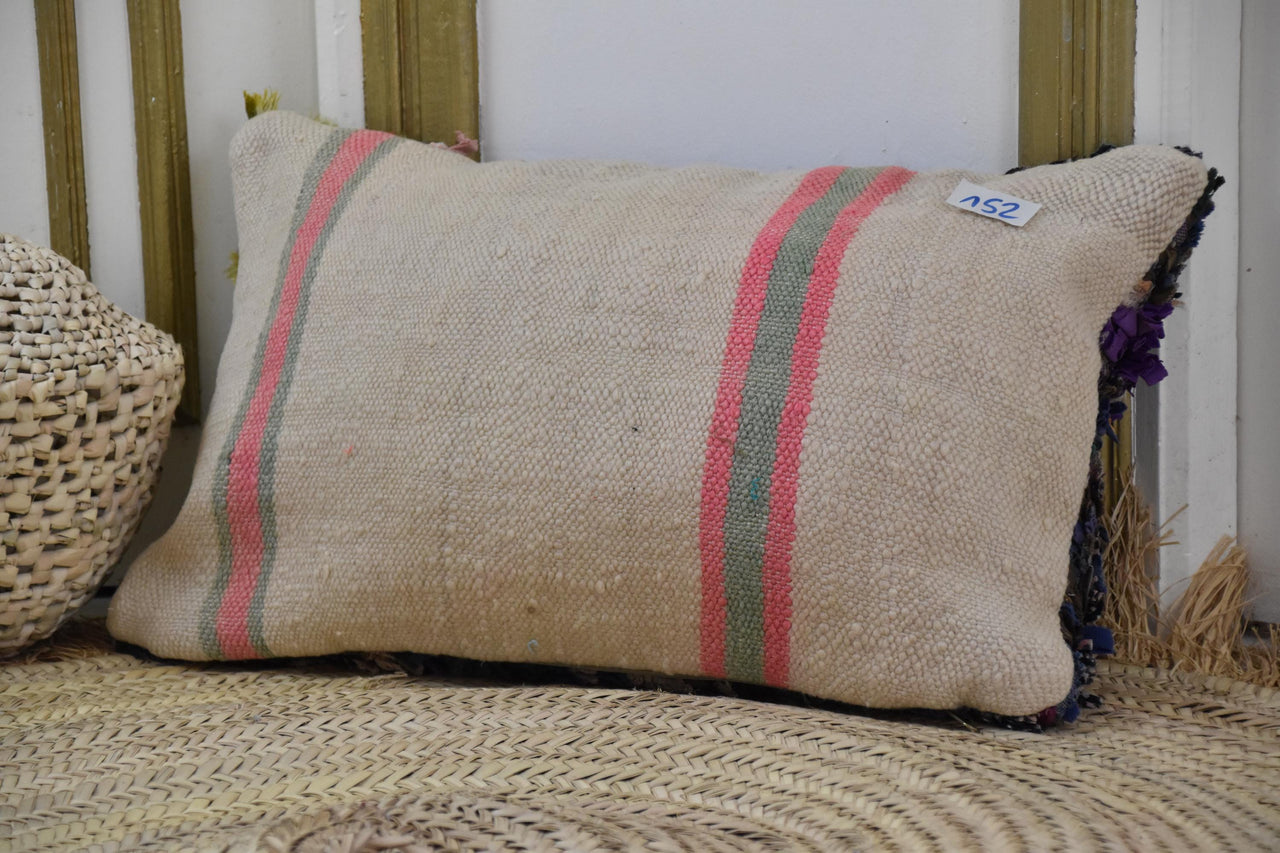 Two Vintage Moroccan Boucherouite Pillow Cover, Deep Purple Olive Shag Lumbar Cushion Vintage