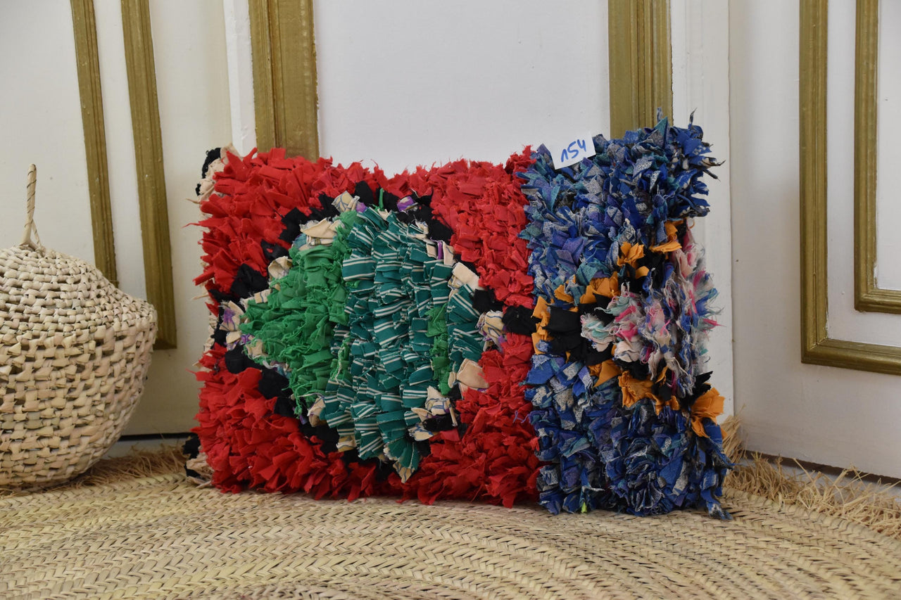 Two Hand-Knotted Moroccan Boucherouite Pillow Cover, Red Blue Shag Lumbar Cushion, Boho Decor Vintage