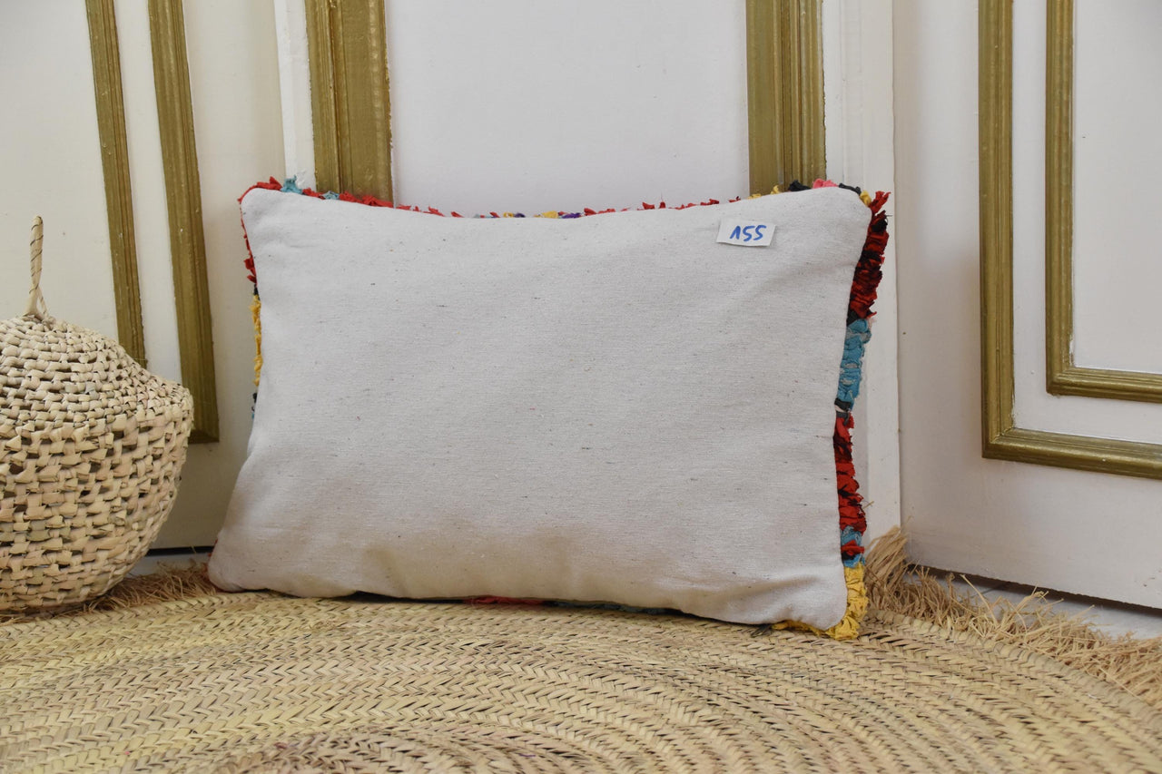 Two Vintage Moroccan Boucherouite Pillow Cover, Crimson Shag Lumbar Cushion, Tribal Geometric Art