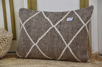 Two Moroccan Kilim Pillow Cover, Handwoven Wool Trellis Lumbar Cushion, Rustic Japandi Style Vintage
