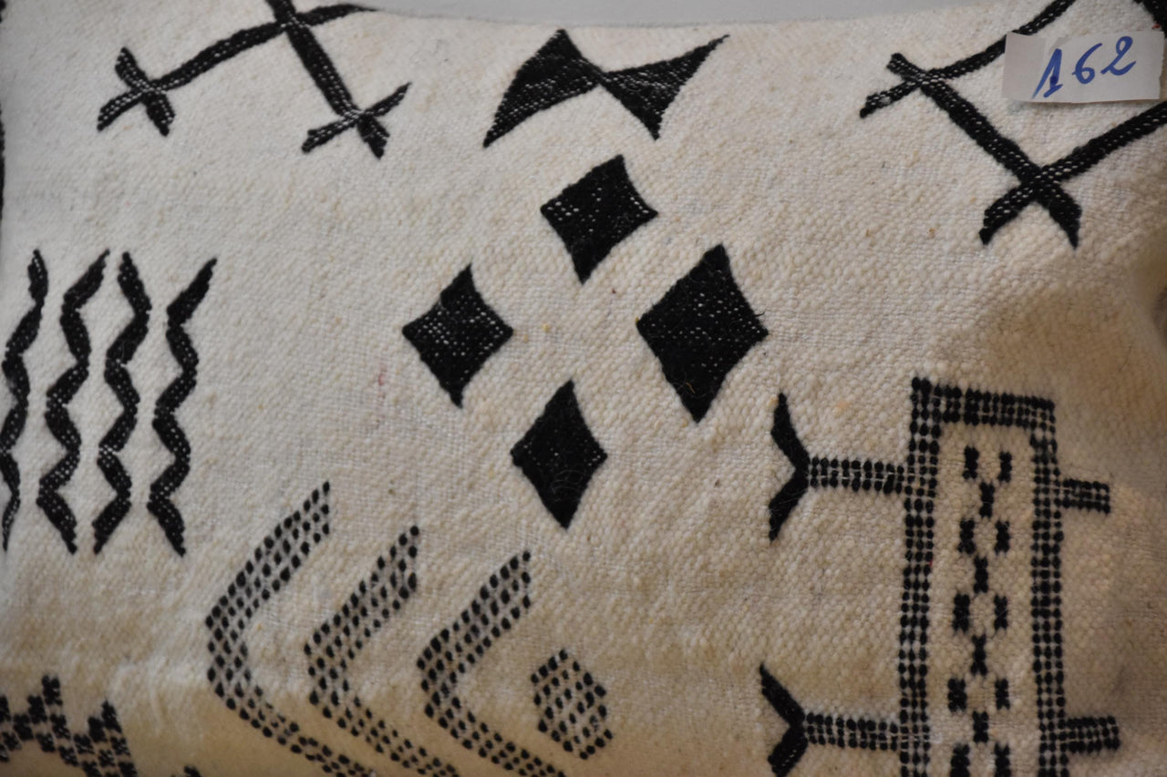 Two Handwoven Moroccan Kilim Lumbar Pillow Cover, Cream Wool Black Berber Symbols Vintage