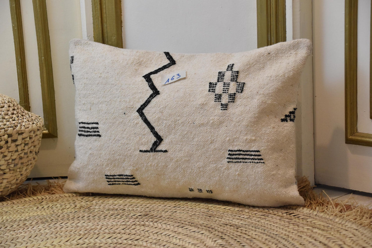Two Handwoven Moroccan Kilim Pillow Cover, Cream Wool, Black Zigzag Berber Lumbar Cushion Vintage