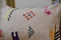 Two Handwoven Moroccan Kilim Pillow Cover, Cream Wool Lumbar Cushion, Tribal Geometric Symbols Vintage