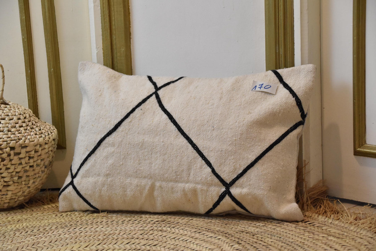 Two Handwoven Moroccan Kilim Pillow, Charcoal Black Geometric Wool Lumbar Cover Vintage
