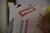 Two Handwoven Moroccan Kilim Pillow Cover, Cream Wool, Black Geometric Lines, Berber Lumbar Cushion
