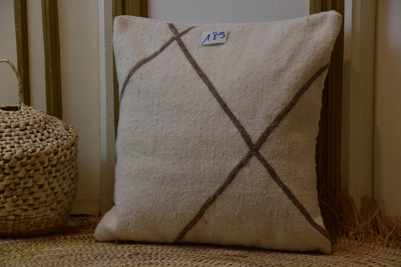 Two Handwoven Moroccan Kilim Pillow Cover, Cream Wool Black Geometric Lumbar Cushion Vintage