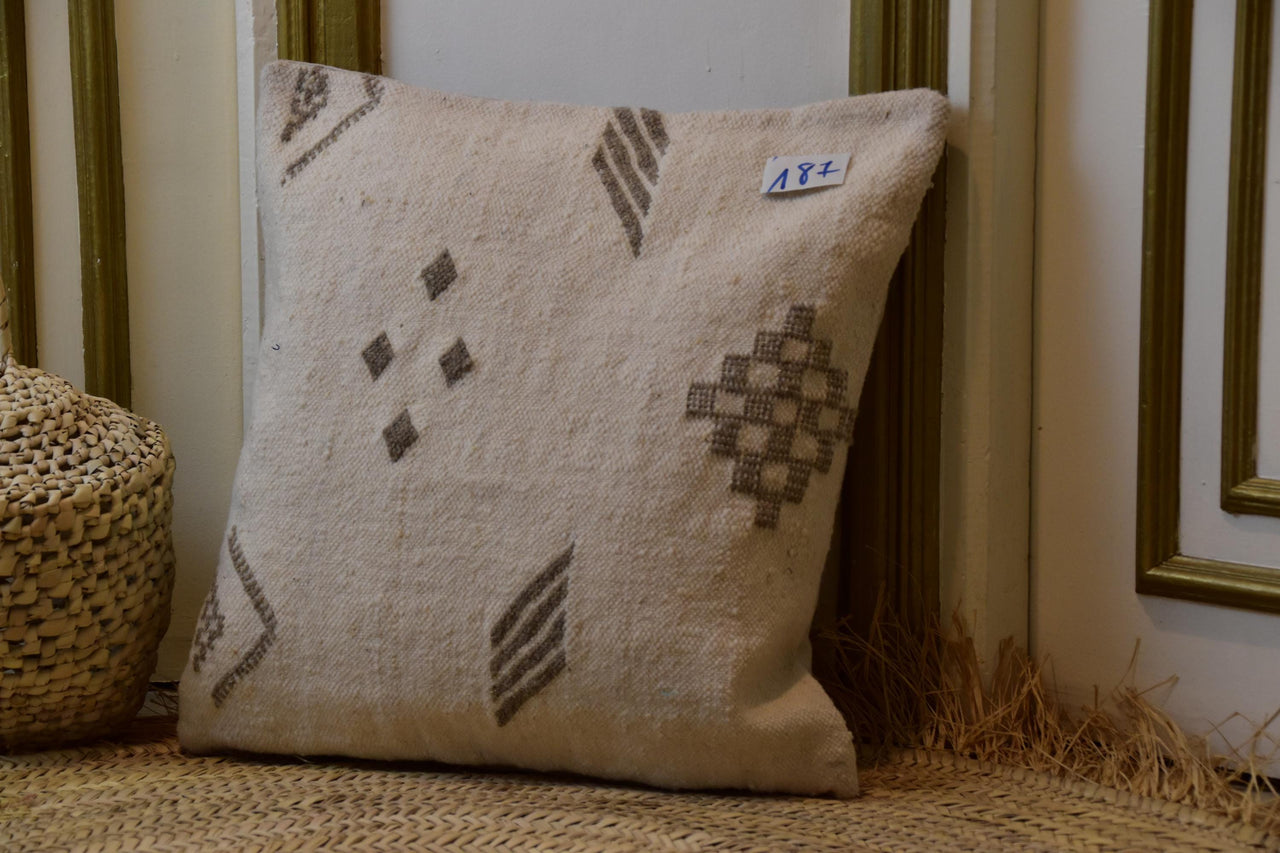 Two Handwoven Wool Kilim Pillow Cover, Cream Black Geometric Berber Lumbar Cushion Vintage