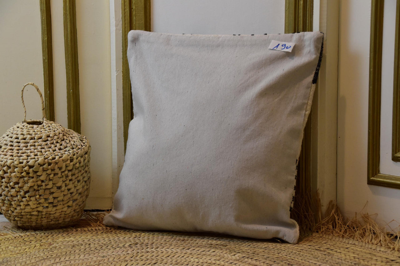 Two Handwoven Moroccan Kilim Pillow Cover, Cream Wool Black Tribal Geometric Cushion Vintage
