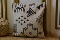 Two Handwoven Moroccan Kilim Pillow Cover, Cream Wool Black Tribal Geometric Cushion Vintage
